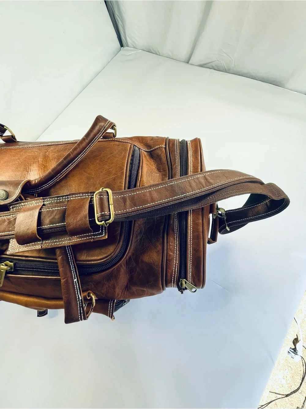 Classic Genuine Brown Leather Traveler Weekender Duffel Bag (Hand Made)